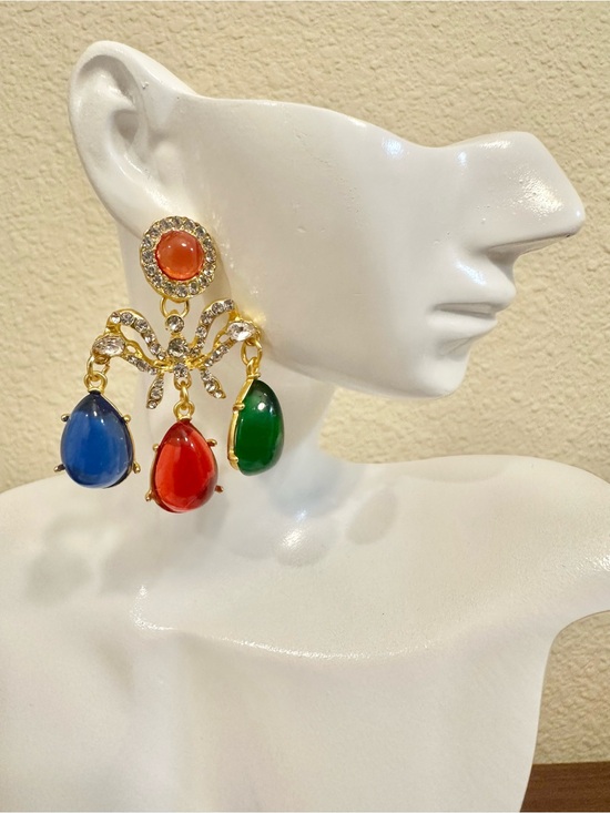 Jewelry - Gold Plated Multicolor Drop Statement Earrings - Blue, Red, Green